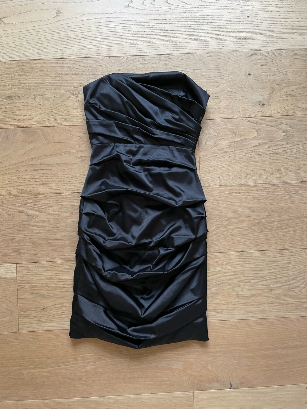 le chateau Black Satin Ruched Strapless Mini Dress